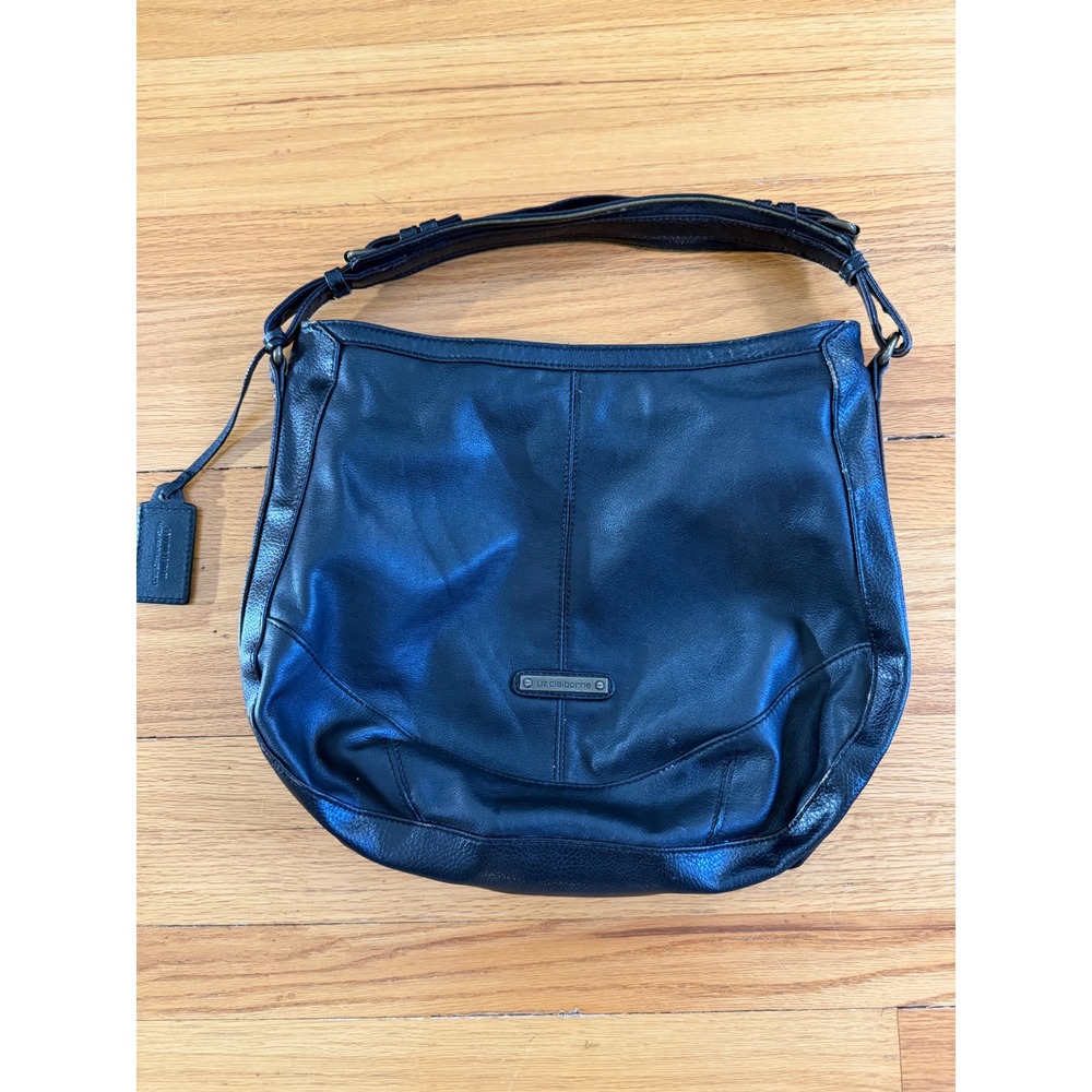 Liz Claiborne Black Genuine Leather Hobo Shoulder Bag Vintage Style Brass Zip